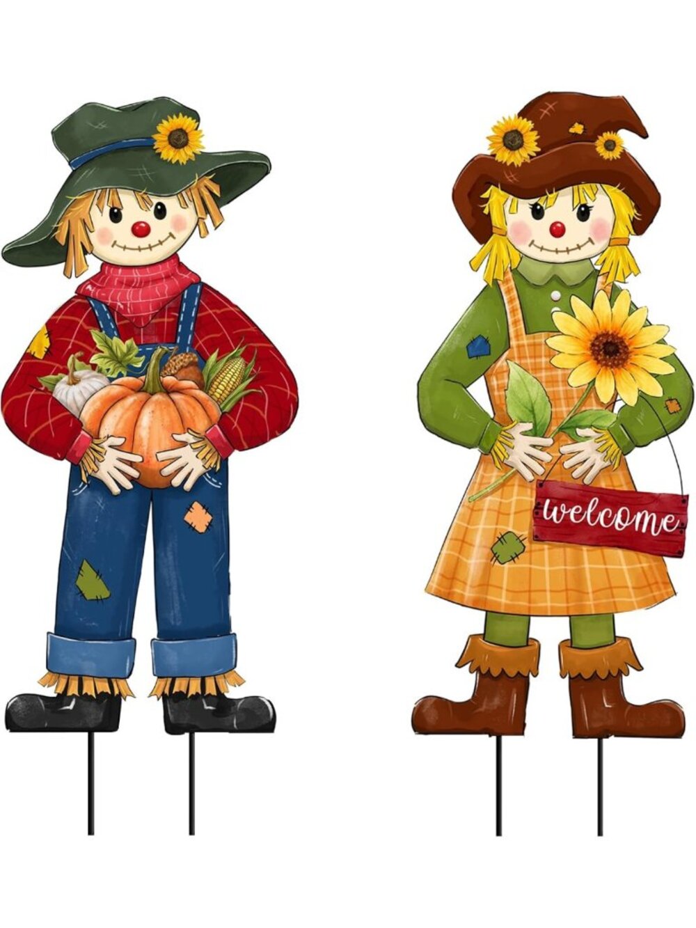 Set of 2 Fall Scarecrow Metal Yard Signs with Stakes - Cute Outdoor Decor